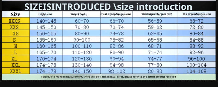 Size chart for clothing featuring measurements for height, weight, and chest, waist, and hip circumferences.