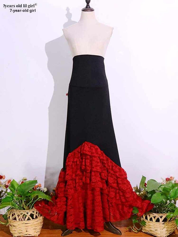 Elegant black and red lace flamenco skirt for dance performances.