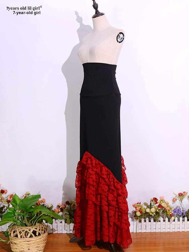 Elegant red and black Flamenco dance skirt for girls with lace detailing, perfect for performances and dance classes.