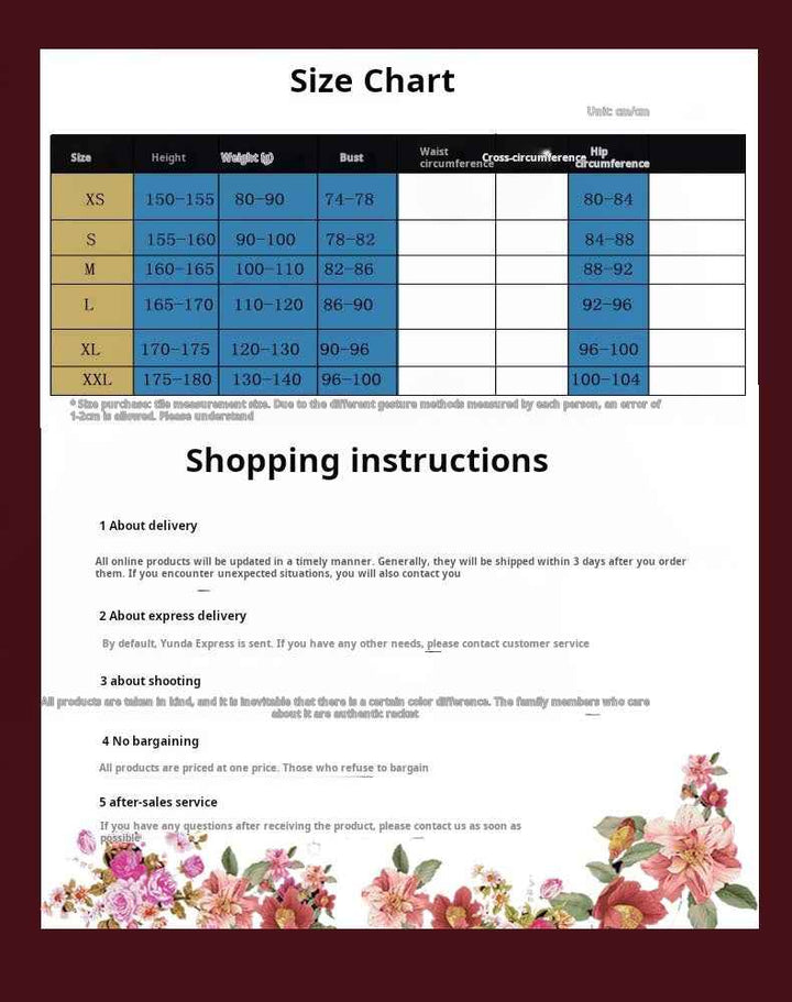 Size chart with measurements for XS to XXL, featuring bust, waist, and hip dimensions, accompanied by floral decorations.