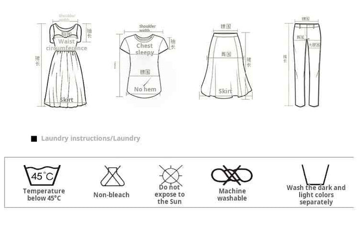 Laundry instructions diagram for different clothing items with washing symbols and guidelines.