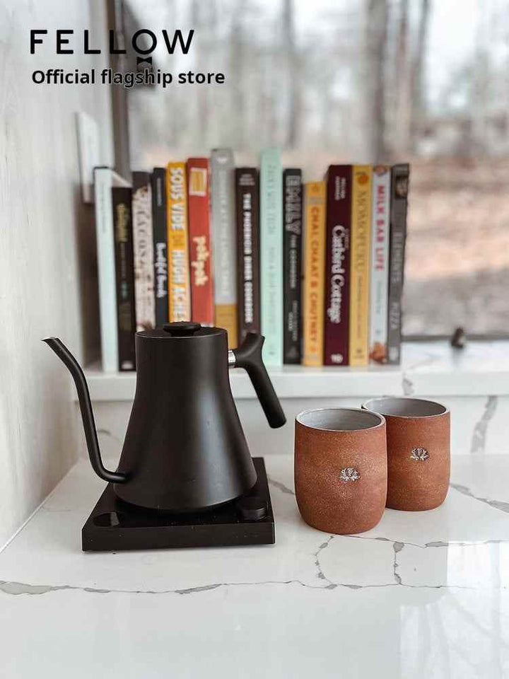 Fellow Stagg EKG kettle with precise temperature control and elegant design on a kitchen counter.
