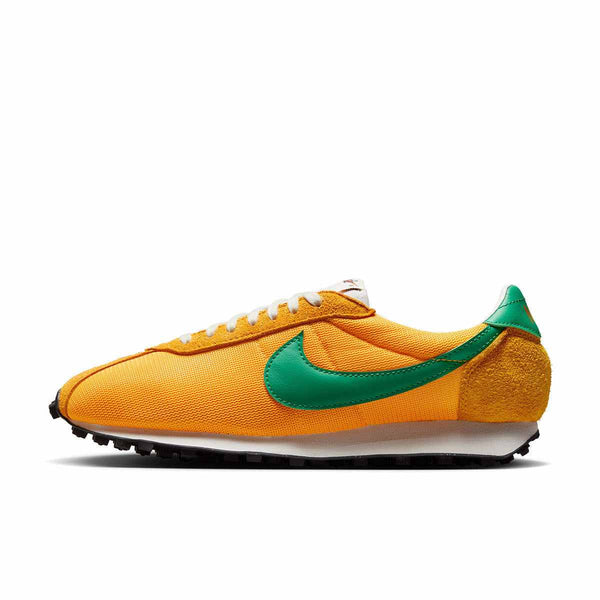 Nike LD-1000 classic running shoe in laser orange with green swoosh and heel support, vintage 1977 design.