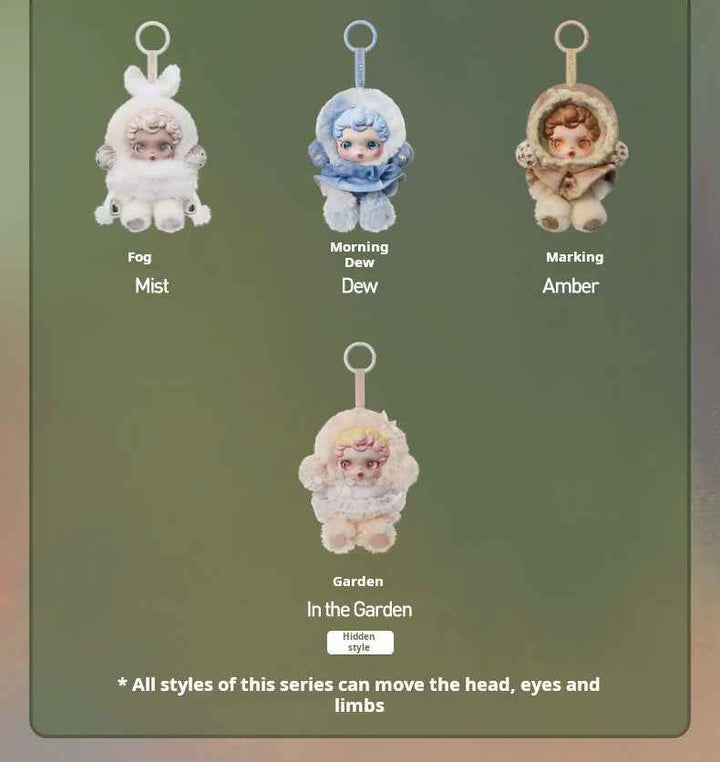POPMART OSKULLPANDA collectible keychain dolls with movable heads, eyes, and limbs in mist, dew, amber, and hidden garden styles.