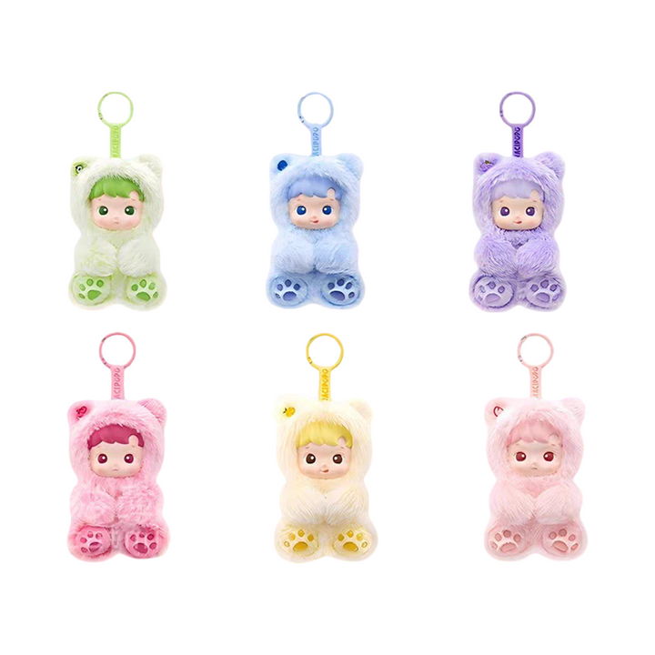 Pop Mart سلسلة Hacipupu Gummy Bear colorful vinyl plush pendant keychains in green, blue, purple, pink, yellow, and light pink colors with cute bear costumes.