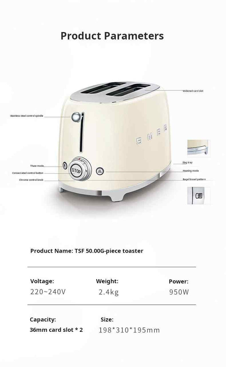 Cream-colored SMEG Italian toaster with retro design, two wide slots, adjustable heat levels, and stainless steel crumb tray.