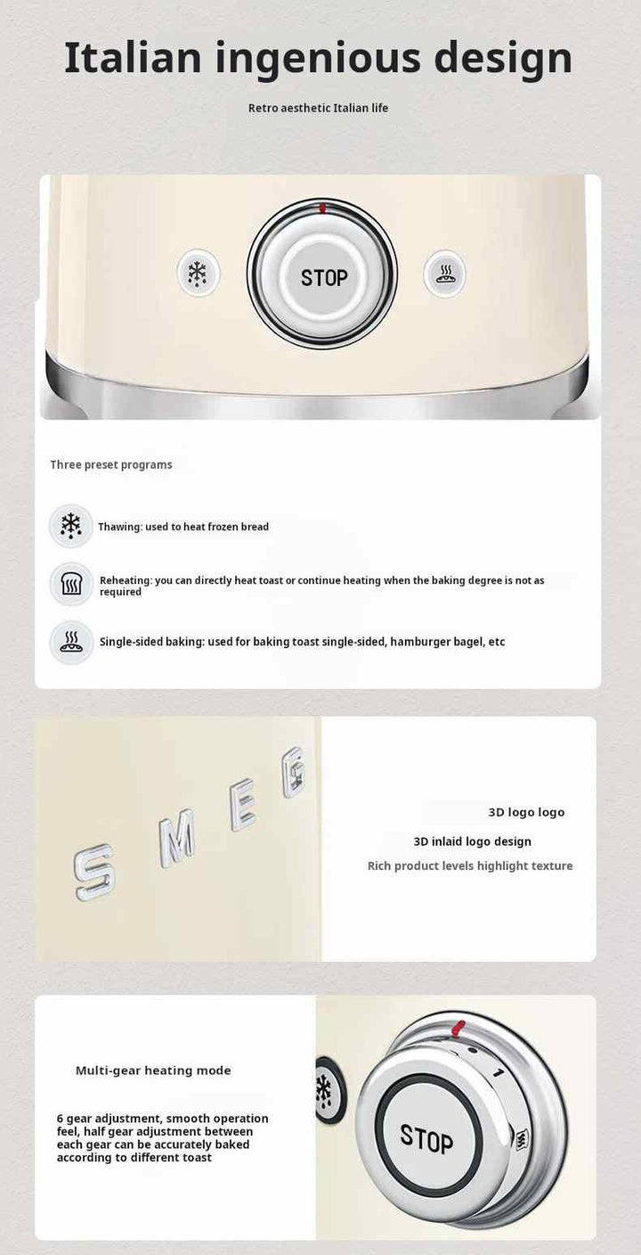 Italian SMEG retro toaster in creamy finish with 2 wide slots, 3 heating programs, 6 adjustable browning levels, and stainless steel crumb tray.