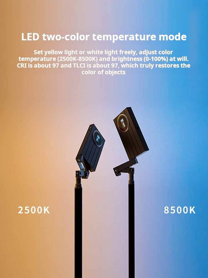 Godox M1 RGB Light showing adjustable color temperature from 2500K warm to 8500K cool with high CRI and TLCI for professional color accuracy.