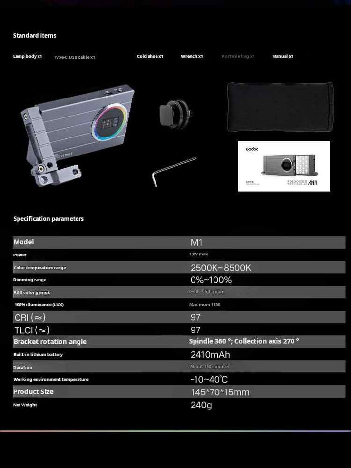 Godox M1 RGB pocket-sized professional LED light with 36000 colors, 40 lighting effects, adjustable brightness, 1700 lux max, built-in 2410mAh battery, Type-C charging, and versatile mounting options.