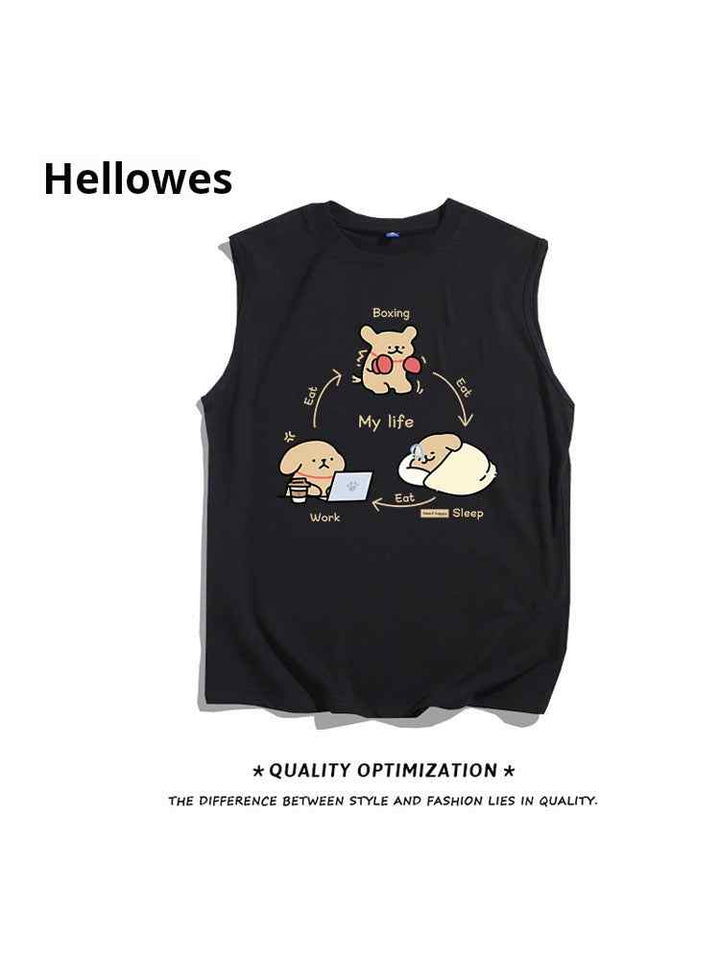 Black sleeveless cartoon print t-shirt "My Life" with playful daily routine design and comfortable cotton fabric