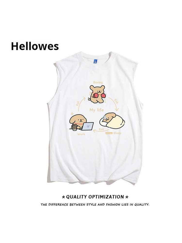 White cartoon print sleeveless My Life t-shirt with playful design and comfortable cotton fabric