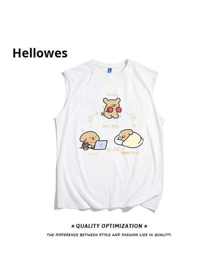 White cartoon print sleeveless My Life t-shirt with playful design and comfortable cotton fabric