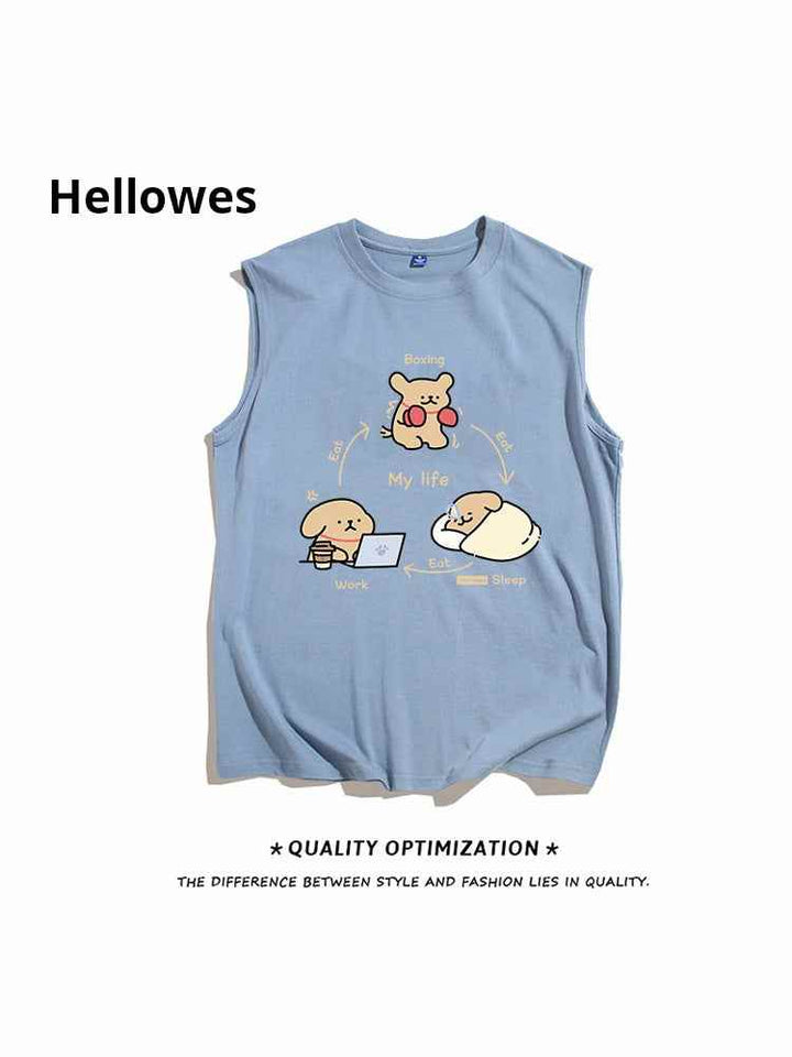 Sleeveless cartoon print "My Life" t-shirt in blue with humorous daily routine design and soft cotton fabric.