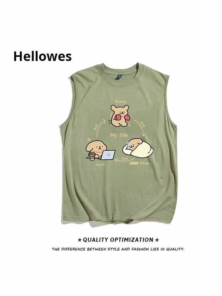 Sleeveless cartoon print "My Life" t-shirt in olive green with humorous daily life design, made from soft cotton fabric.