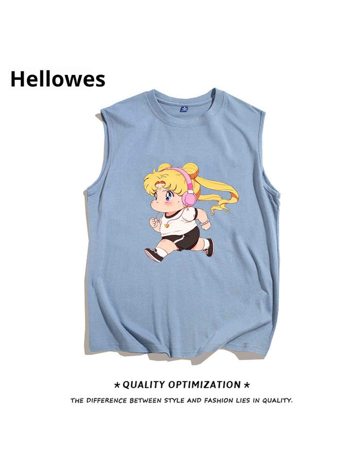 blue sleeveless t-shirt with a cartoon girl print and a relaxed fit design