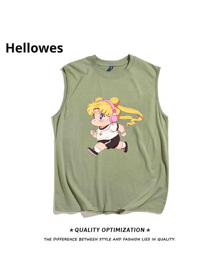 Green sleeveless cartoon print T-shirt for casual summer wear