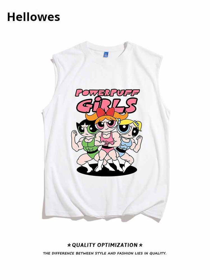 White sleeveless Powerpuff Girls cartoon t-shirt for summer with soft cotton fabric and bold design
