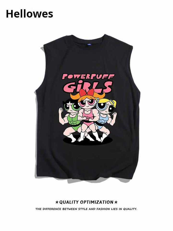 Black sleeveless Powerpuff Girls cartoon t-shirt for summer with playful design and soft cotton fabric