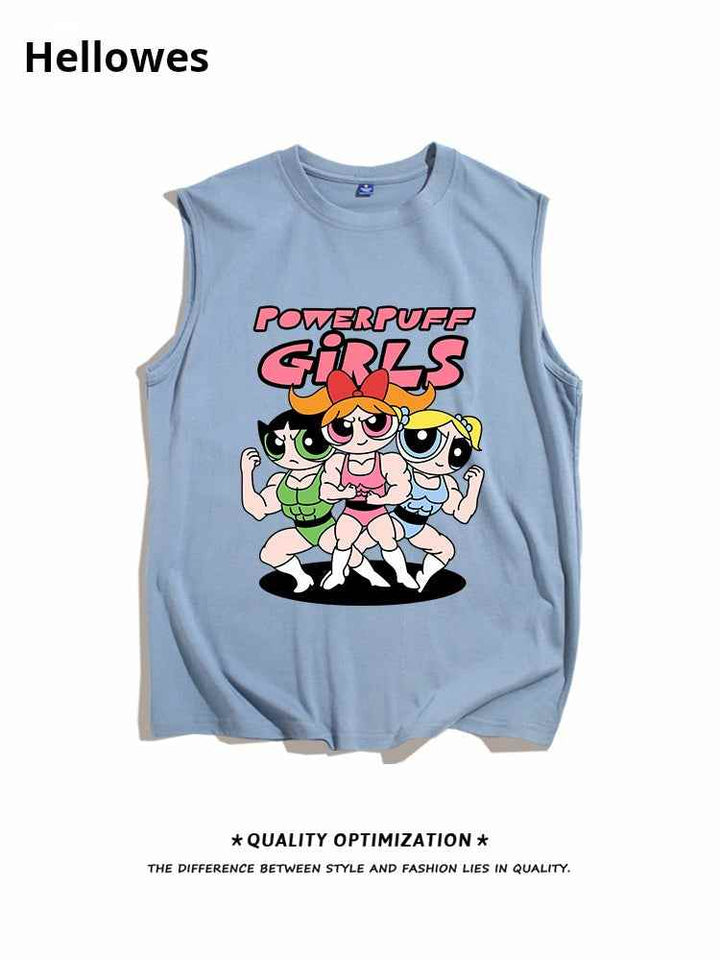 Sleeveless light blue cartoon Powerpuff Girls summer t-shirt for youth with soft cotton fabric