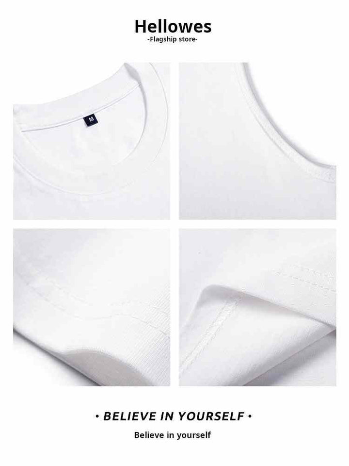 White sleeveless cotton sports cut tank top with cartoon girl weightlifting design