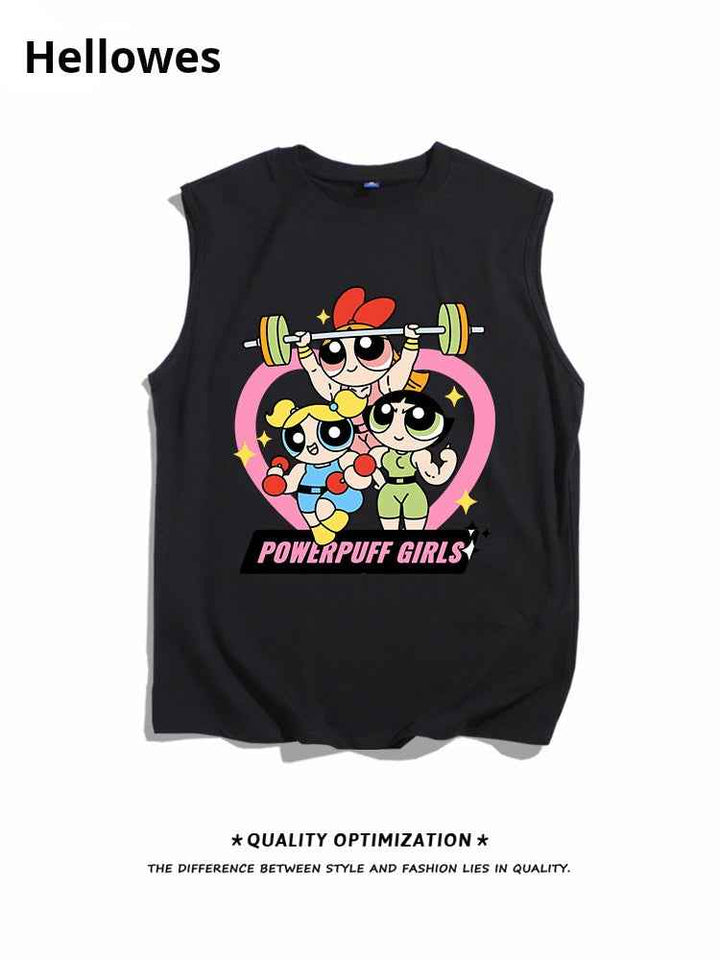 تيشيرت رياضي أسود بدون أكمام بطبعة Powerpuff Girls المرحة ترفع أثقال بتصميم كرتوني جذاب