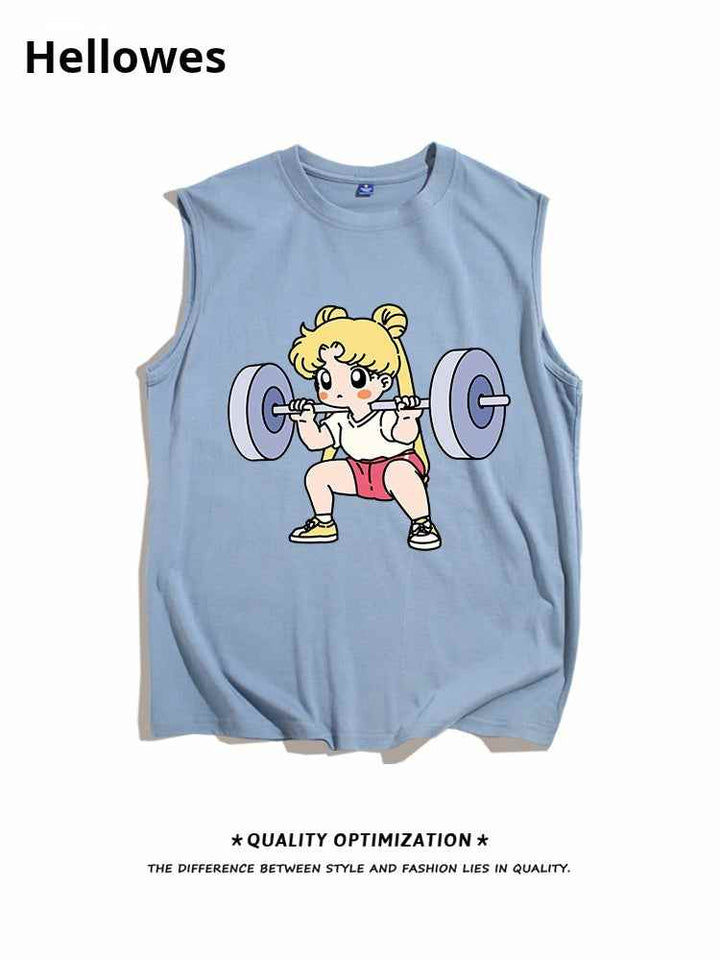 Light blue sleeveless sports tank top with cartoon girl weightlifting design, soft cotton fabric, unisex تيشيرت كت رياضي.