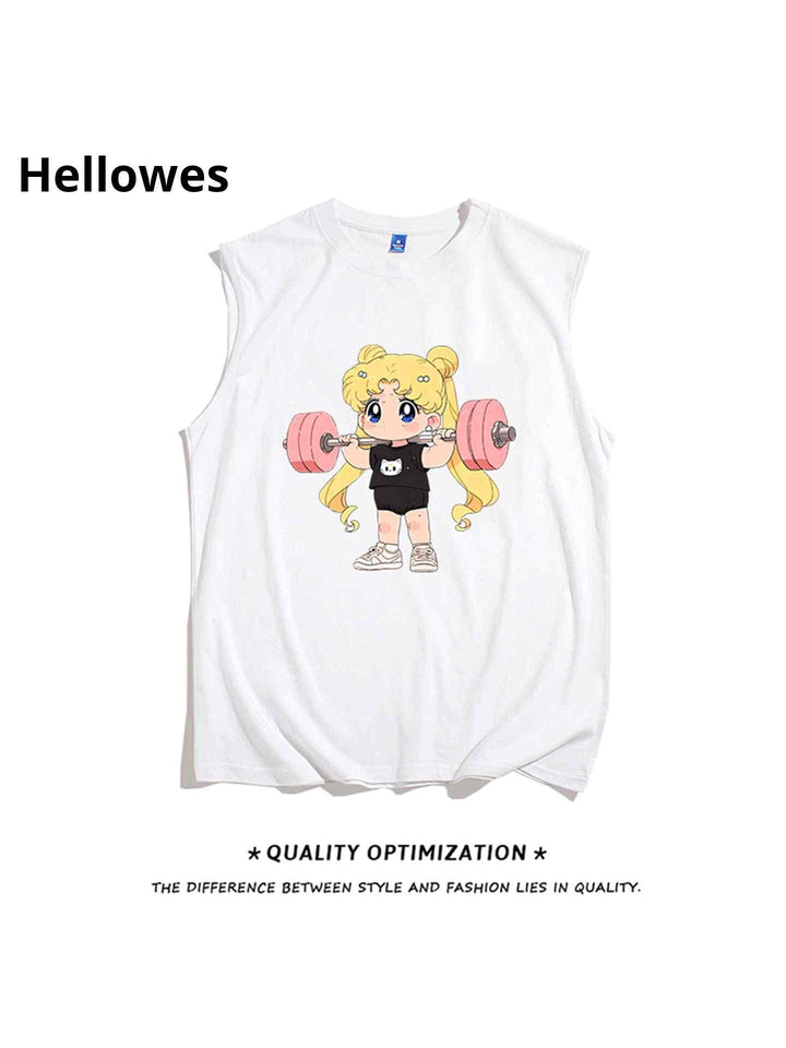 تيشيرت كتwhite sports cut t-shirt with cartoon girl lifting pink weights design