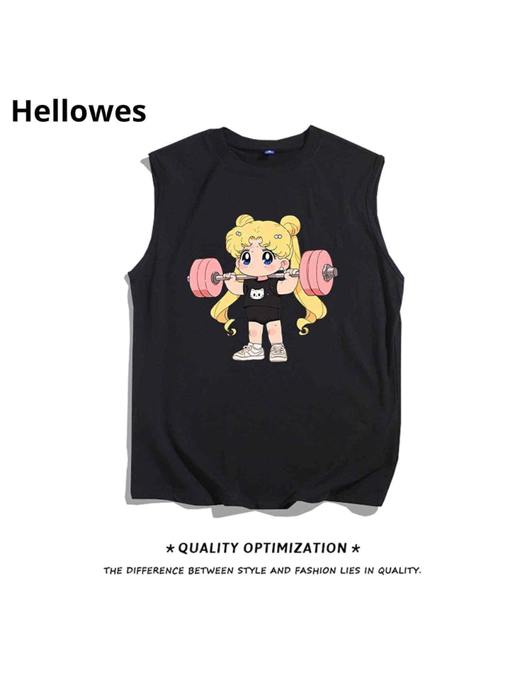 Black sleeveless girls' sports cut t-shirt with cute cartoon girl lifting pink weights design