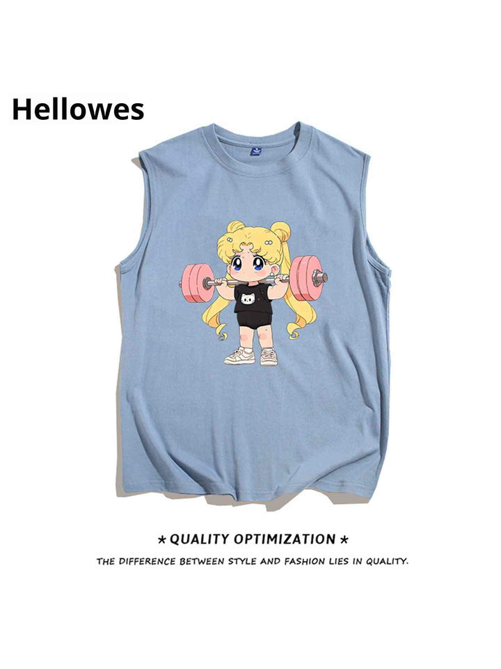 blue sleeveless girls sports cut t-shirt with cute cartoon girl lifting pink weights design