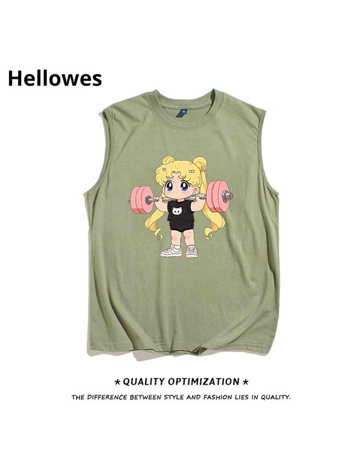 Girls sleeveless sport cut t-shirt with cute anime girl lifting pink weights design in olive green cotton fabric