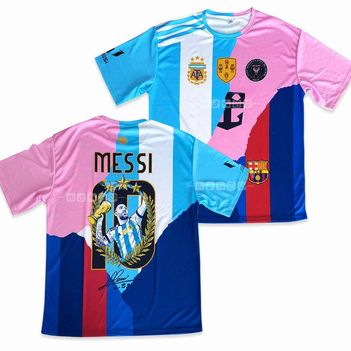 Messi tribute jersey design featuring Argentina, Barcelona, PSG, and Inter Miami colors with Messi holding World Cup and number 10 on back.