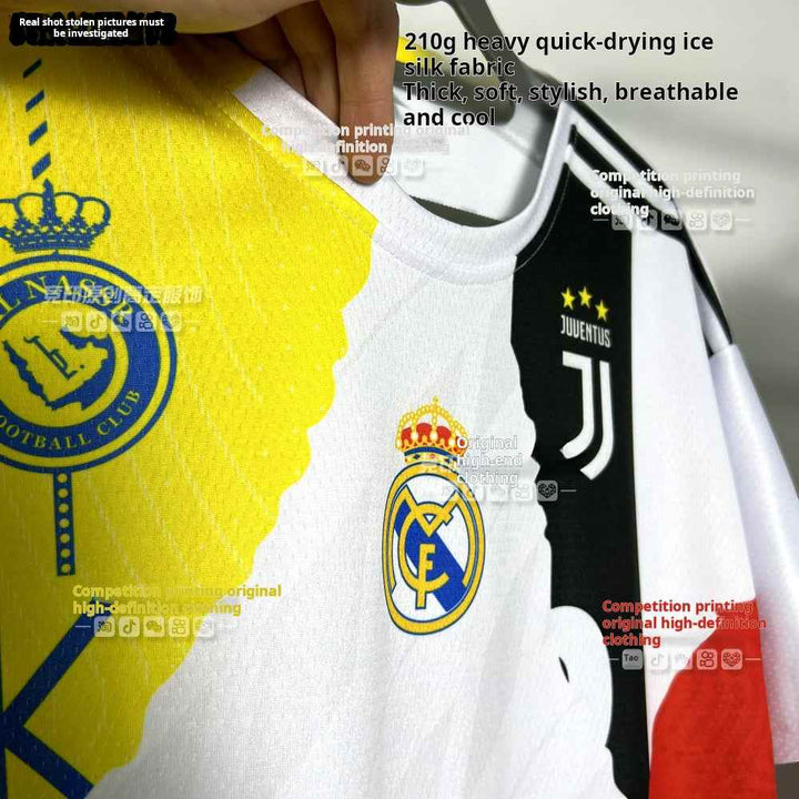 تيشرت Football jersey collage featuring Real Madrid, Juventus, and Al Nassr club logos with yellow, black, white, and red color blocking design