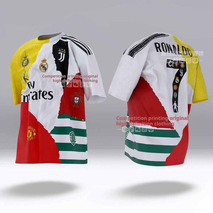 Ronaldo tribute jersey design featuring logos and colors of Real Madrid, Manchester United, Juventus, Al Nassr, Sporting Lisbon, and Portugal jersey.