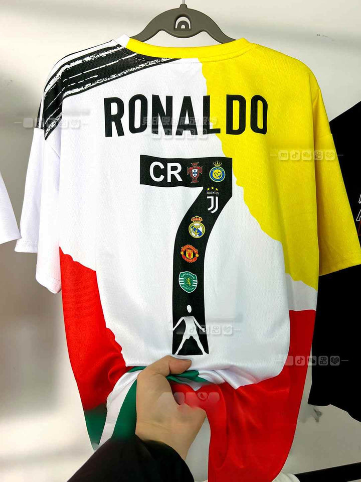 Ronaldo tribute jersey with multi-club colors and number 7 design