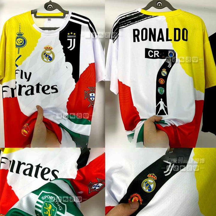 Ronaldo tribute jersey with logos of Real Madrid, Manchester United, Juventus, Al Nassr, Sporting Lisbon, and Portugal national team featuring number 7 and CR7 signature.
