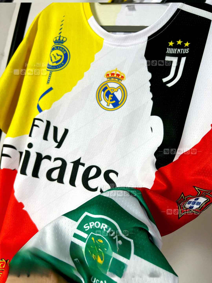 Close-up of Ronaldo Tribute Jersey featuring Real Madrid, Juventus, Sporting Lisbon, and other team logos with vibrant yellow, white, black, red, and green colors