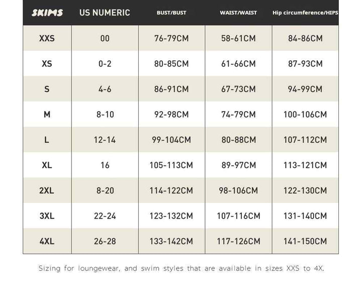 SKIMS تيشيرت سكيمز sizing chart for bust, waist, and hip measurements from XXS to 4XL in centimeters