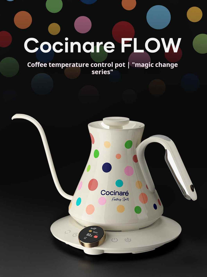 Electric Cocinare FLOW kettle with colorful polka dot design and precise temperature control for perfect coffee brewing.