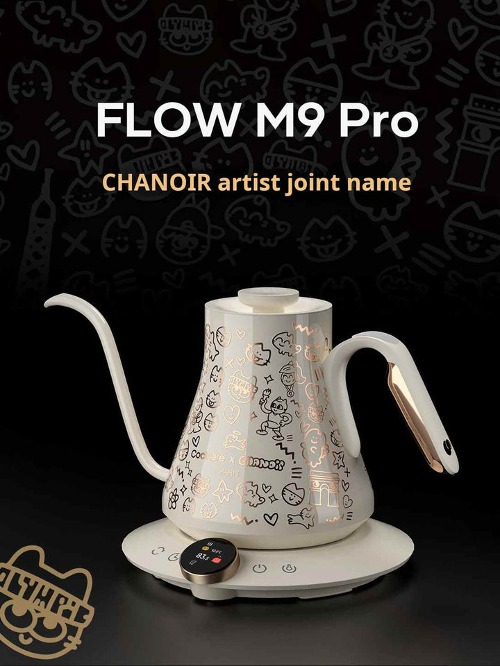 Electric Cocinare kettle FLOW M9 Pro with artistic graffiti design by Chanoir and precise temperature control.