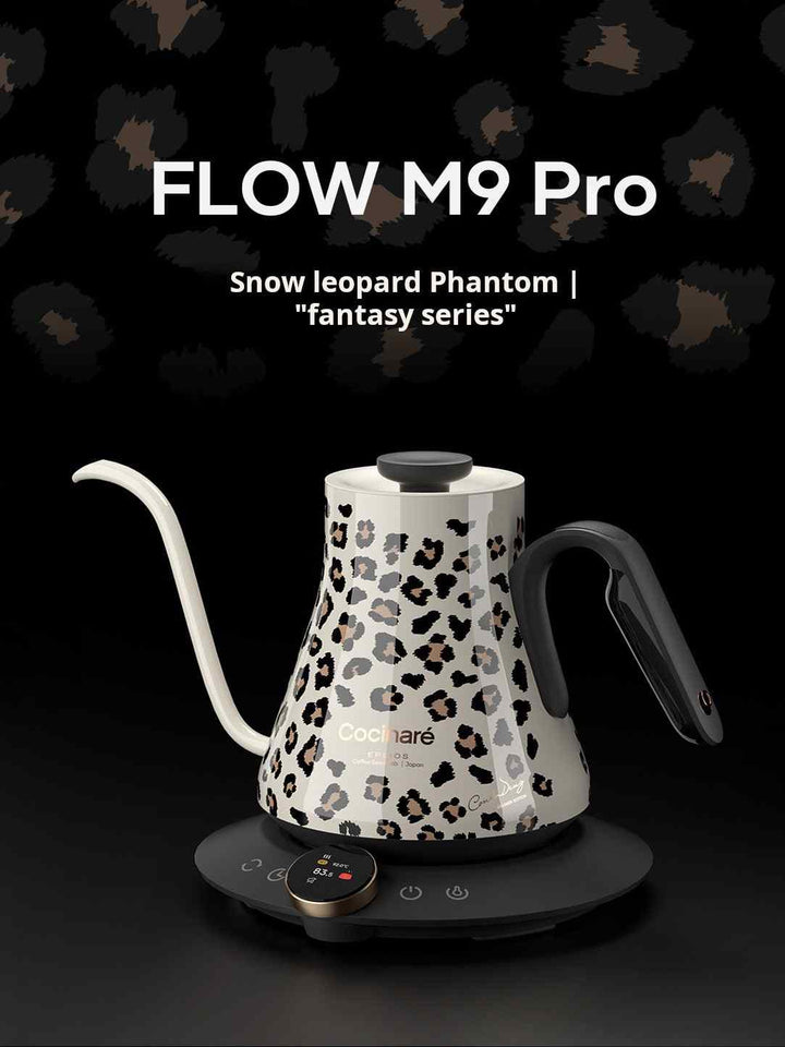 Electric kettle Cocinare FLOW M9 Pro with snow leopard design, precise temperature control, ergonomic handle, stainless steel interior, limited edition art collaboration