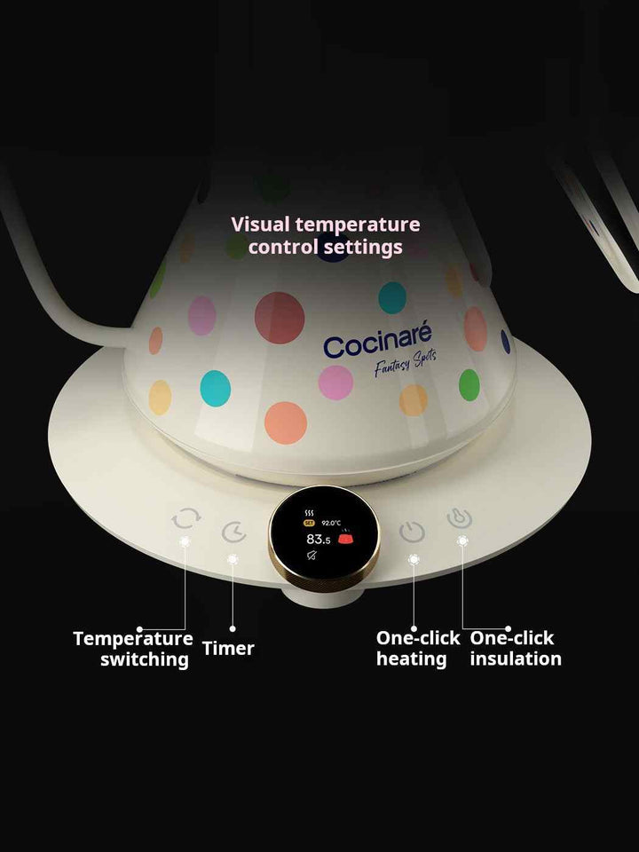 Electric Cocinare kettle with colorful polka dot design, precise temperature control, timer, and ergonomic handle.