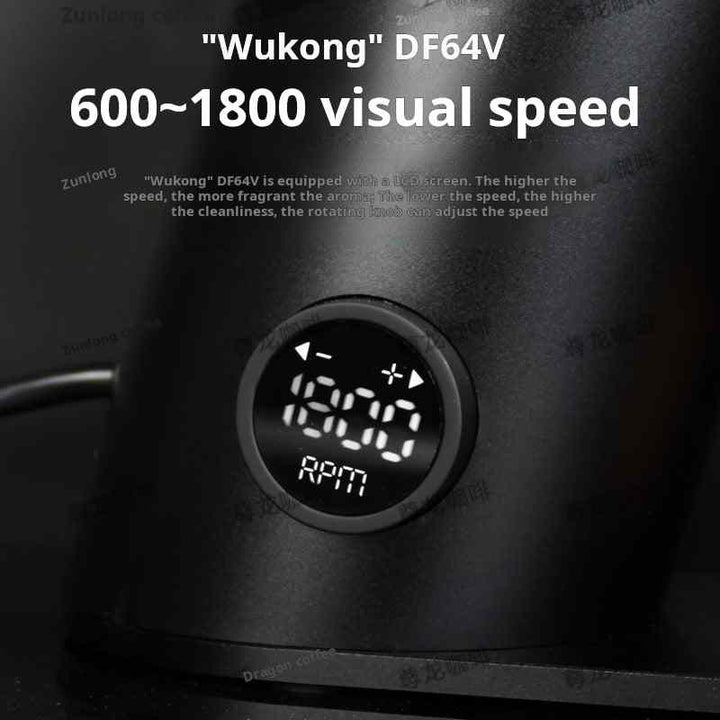 Close-up of DF64 V electric coffee grinder control panel displaying variable speed settings from 600 to 1800 RPM