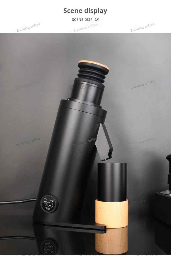 black and wood electric coffee grinder with sleek modern design and adjustable speed settings
