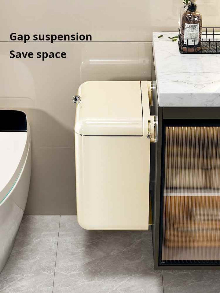 Wall-mounted double-lid trash bin Mr.Basket in beige for space-saving and odor control, 9-liter capacity.