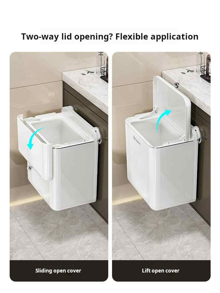 White wall-mounted trash bin with two-way lid opening for space-saving and odor control