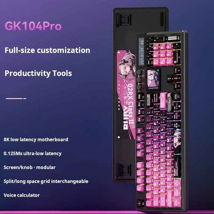 لوحة مفاتيح GK104Pro من Skyloong بتصميم كامل الحجم مع تخصيص كامل، شاشة LCD قابلة للتبديل، وحدة تحكم ذكية، وصمت عالي بأداء منخفض التأخير.