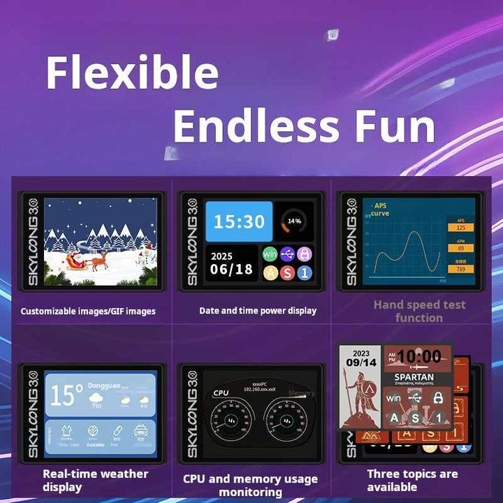 Skyloong GK104Pro customizable keyboard LCD screen displaying images, time, weather, CPU usage, and gaming interface.