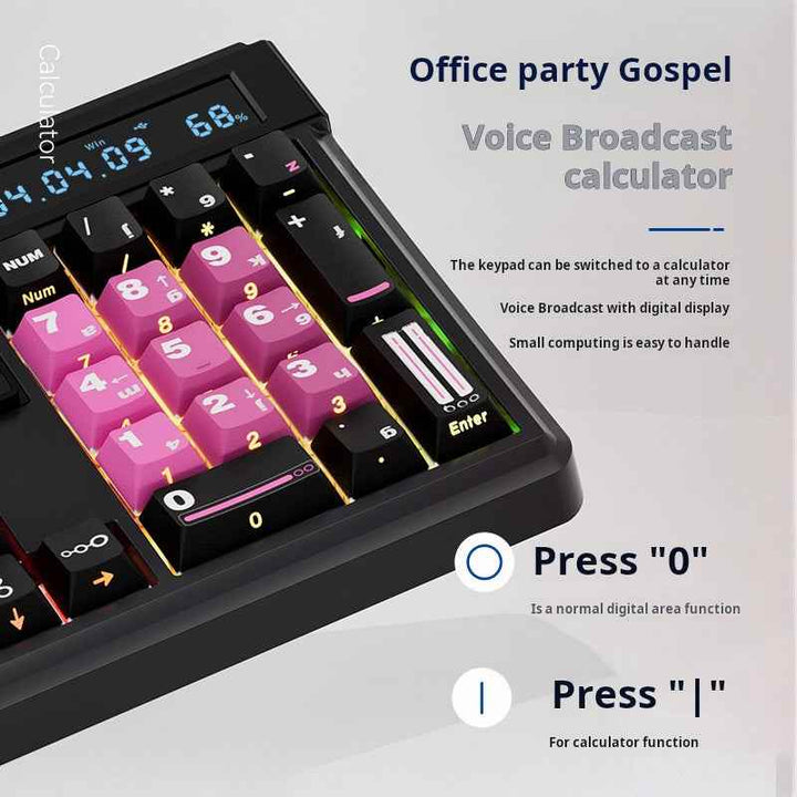 Close-up of Skyloong GK104Pro keyboard's pink numeric keypad with voice broadcast calculator feature and customizable LCD display.