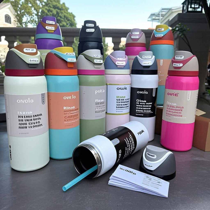 Set of colorful Owala FreeSip stainless steel water bottles with dual spouts and leak-proof design displayed outdoors.