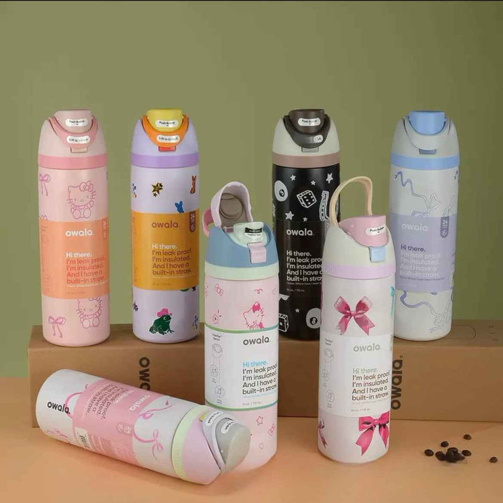 Owala FreeSip stainless steel water bottles with dual spout design, leak-proof, insulated, BPA-free, in various colorful patterns